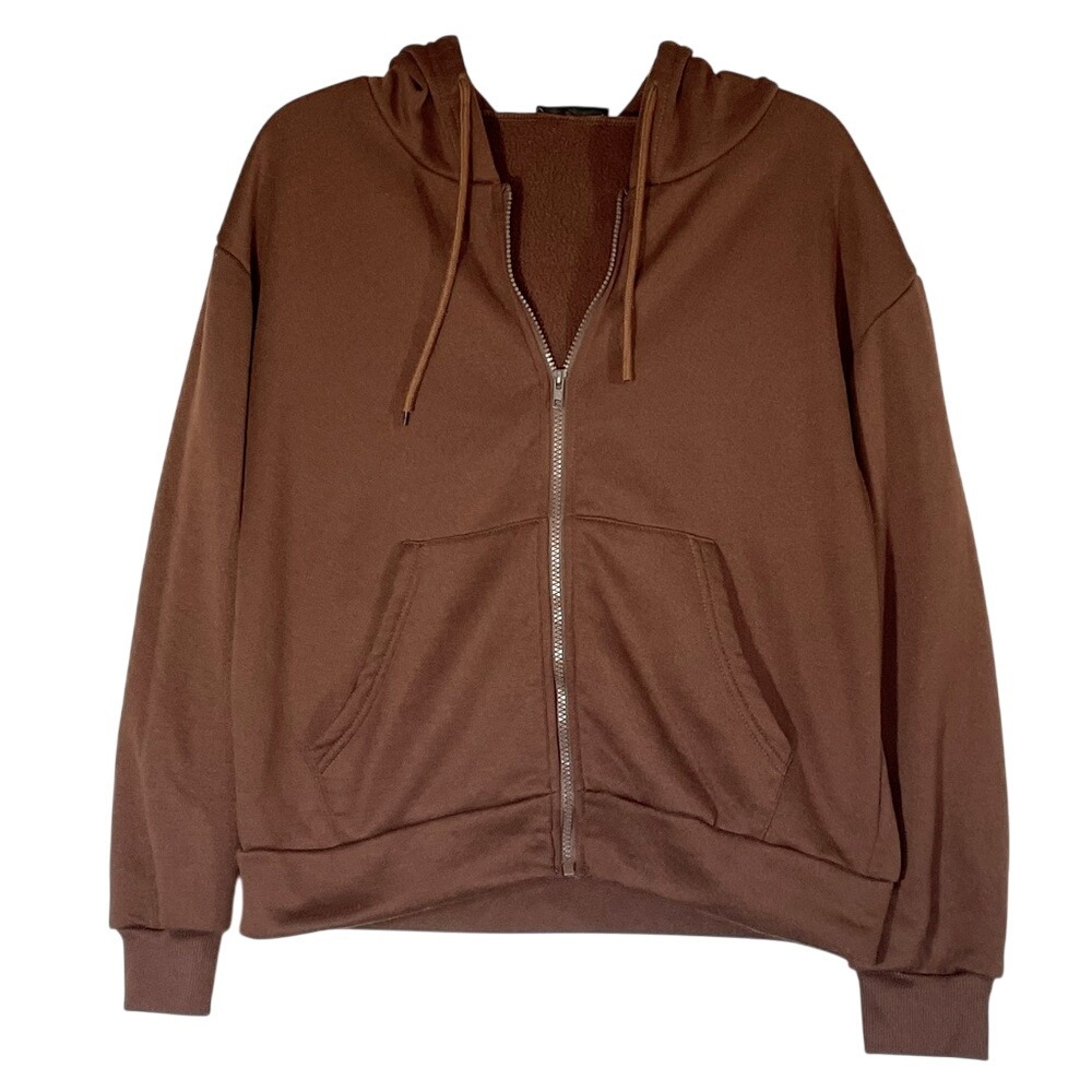 SHEIN Mocha Mousse‎ Cropped Zip Up Fleece Hoodie Size L Y2K Streetwear